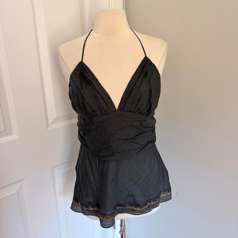 NWT Y2K BLACK EXPRESS DESIGN STUDIO GOLD TRIM HALTER NECK TOP